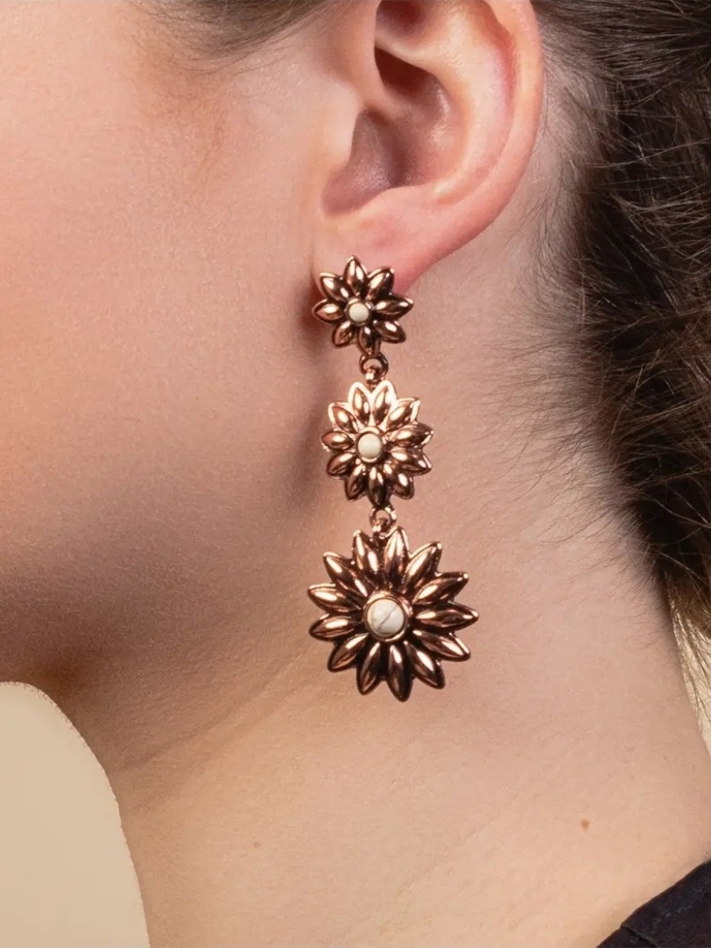 Southern Grace Gold Floral Triple-Drop Earrings with Cream Centers